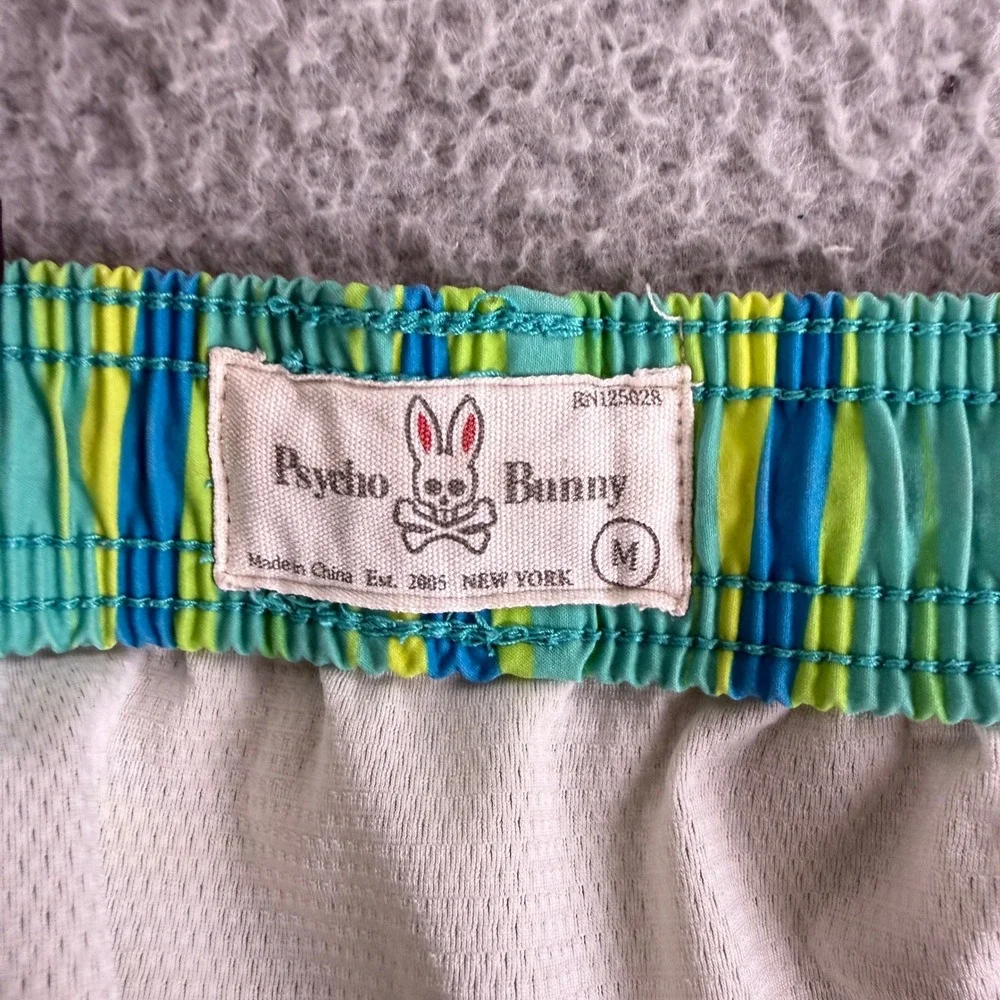 Psycho Bunny Swim Trunks Mens Medium Green Wavy Stripe Drawstring Shorts‎